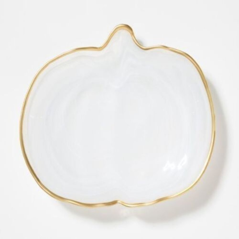 Vietri Alabaster Glass White Gold Edge Pumpkin Large Plate
